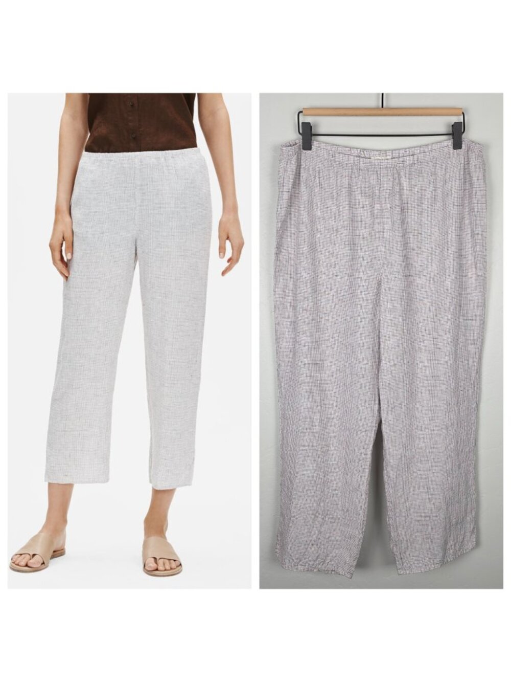 Eileen Fisher Organic Linen Check Straight Pant Easy Fit Crop White Brown Size M